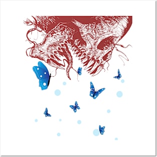 skulls and blue butterflies flying around it Posters and Art